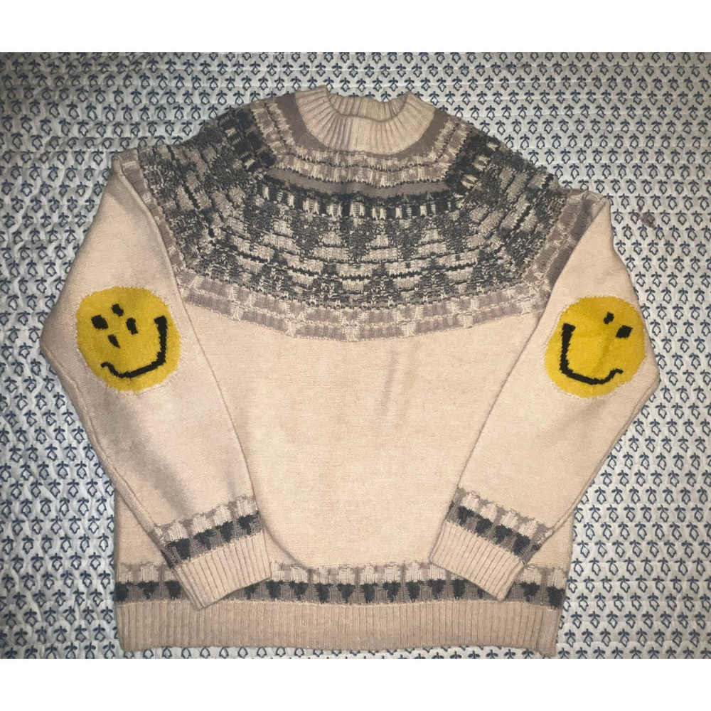 Kapital 5G Wool Nordic Happy Patch Raglan Crew Sweater, Kinari size LG